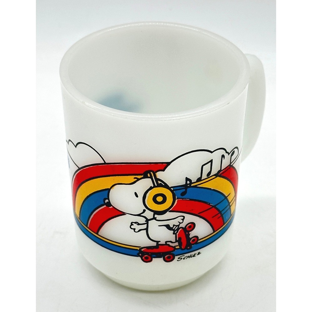 1958 Anchor Hocking Fire King Milk Glass Snoopy Peanuts Skater's Waltz Mug